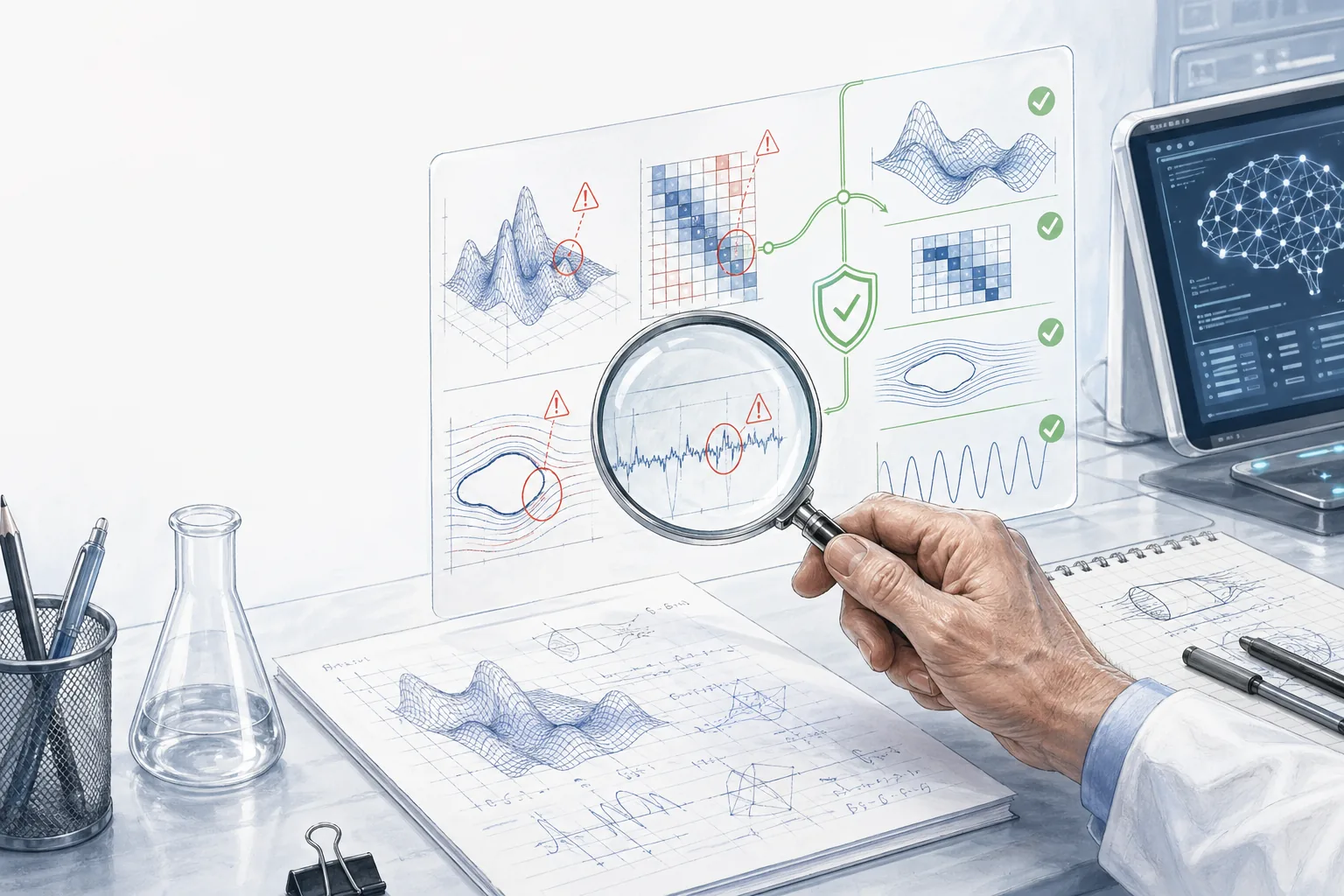 专家检查 AI 生成的计算物理结果的插图