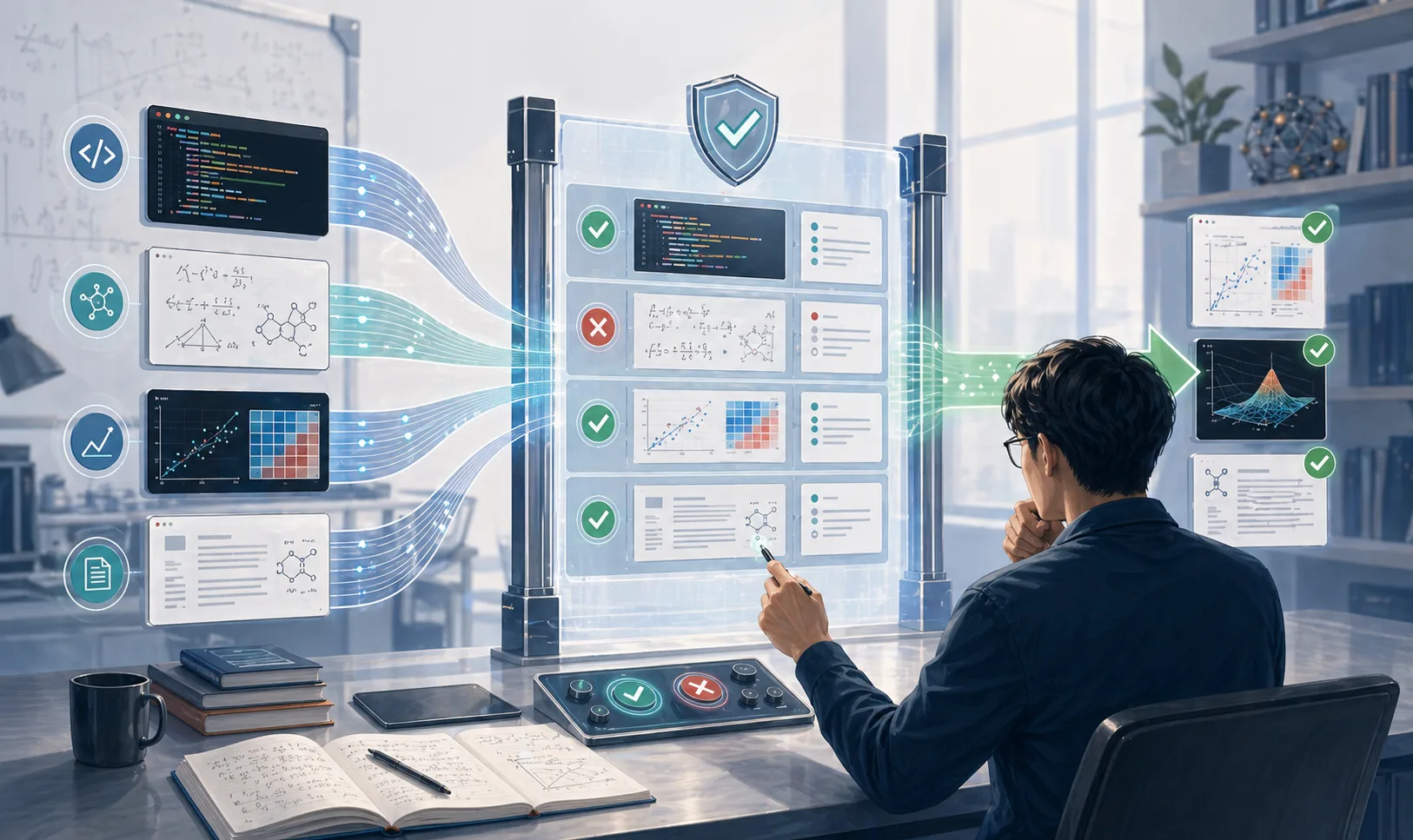人类专家检查 AI 生成代码、公式、图表和引用的 checkpoint 插图